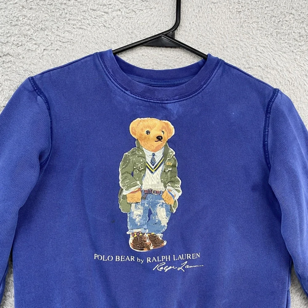 Vintage Ralph Lauren Sweatshirt Kids 5 Blue Polo Bear‎ Crewneck Pullover Y2K